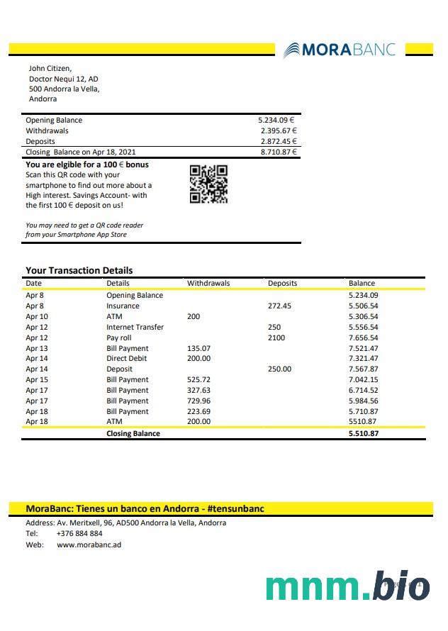 Szablon wyciągu bankowego Andorra MoraBank w formacie Excel i PDF